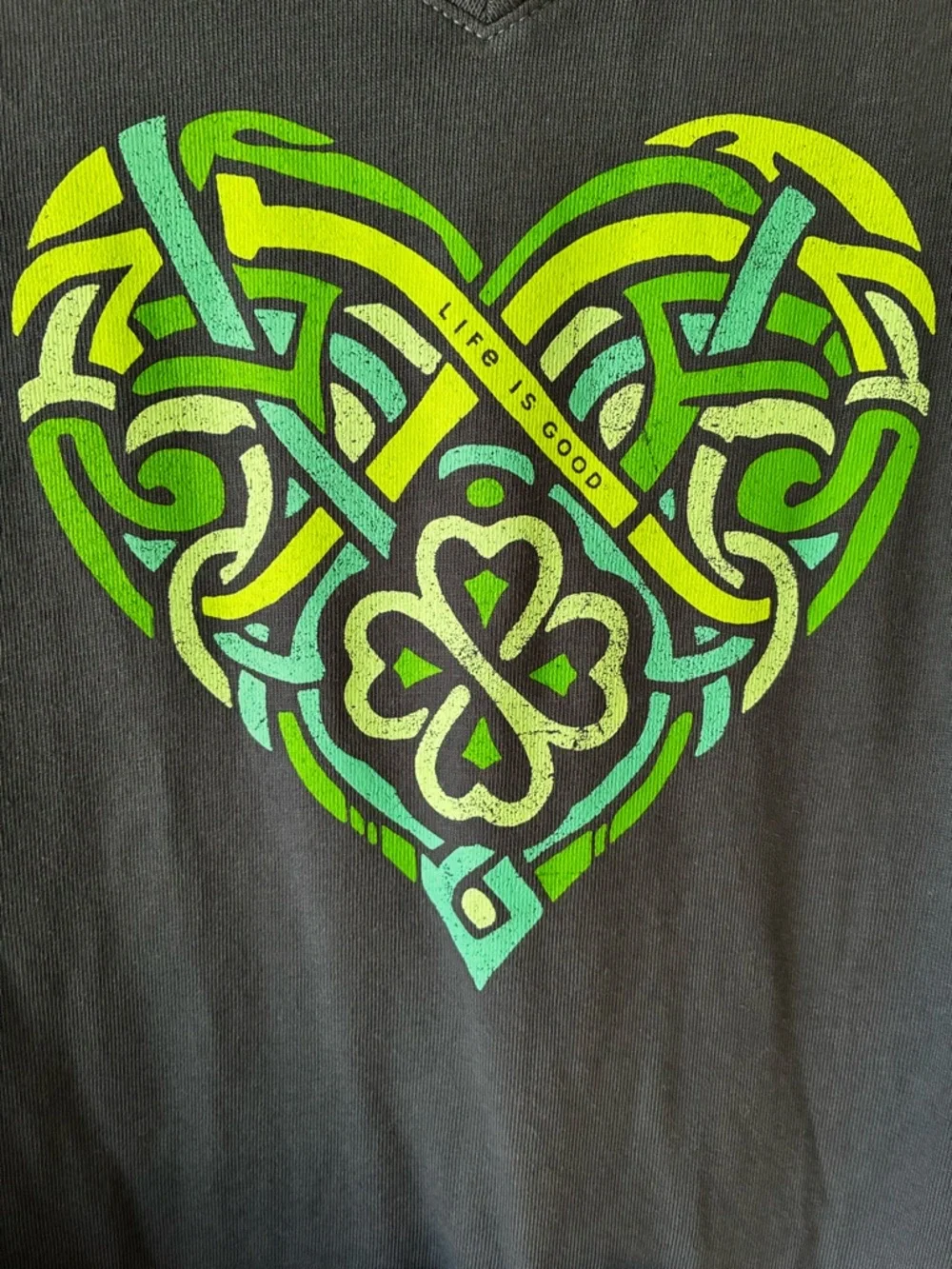 Life Is Good Dark Blue V-Neck Tee with Green Celtic Heart Graphic - Picture 3 of 4